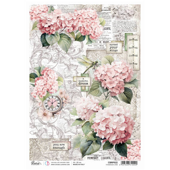 Reispapier Decoupage Bastelpapier Ciao Bella für A4-Decoupage - Timeless Moment Hydrangea land - Hortensien, Libelle