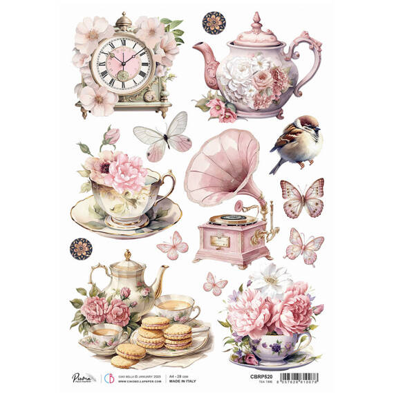 Reispapier Decoupage Bastelpapier Ciao Bella für A4-Decoupage - Timeless Moment Tea time -  Grammophon, Sperling, Tassen