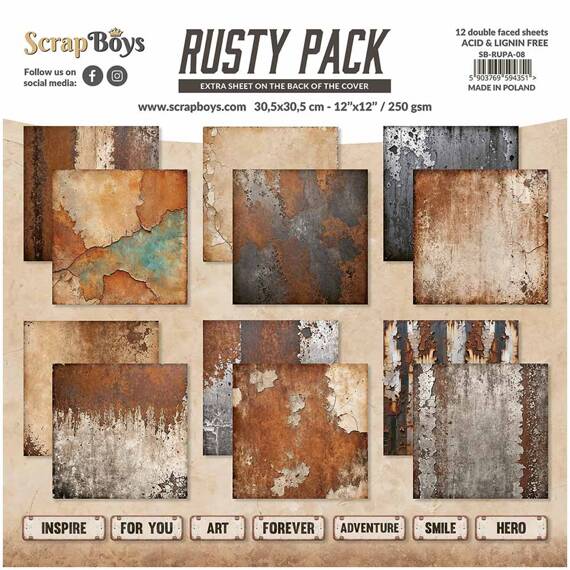 SCRAPBOYS Set 12 Blatt 30,5x30,5cm doppelseitig Scrapbooking Papier Set - Rusty Pack