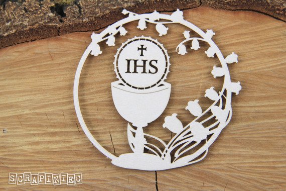 SCRAPINIEC Dekorpappe Die Cut Chipboard, Lilly of the valley - round frame with goblet
