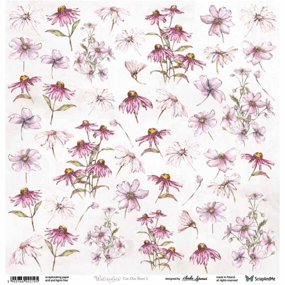 SCRAPandME 30x30cm einseitig Scrapbooking Papier 250g, Watercolors Flowers 2