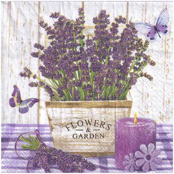 SERVIETTEN 1 Stück Motivservietten Decoupage Napkin 33x33cm,  Lavender in a Wooden Pot 