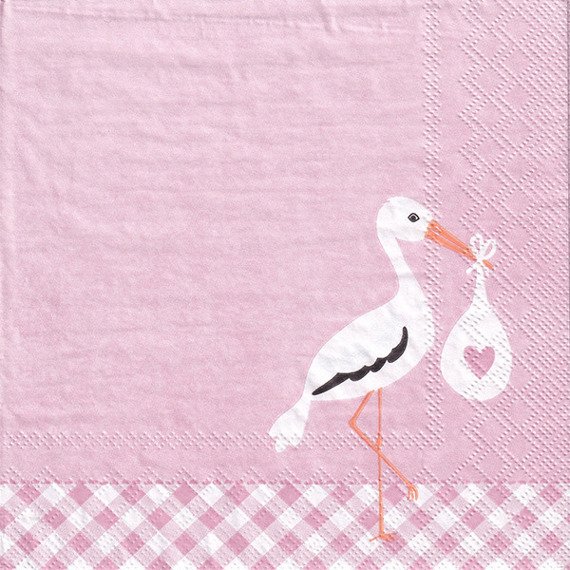 SERVIETTEN 1 Stück Motivservietten Decoupage Napkin 33x33cm - Liebe Storch rosa Storch Geburt