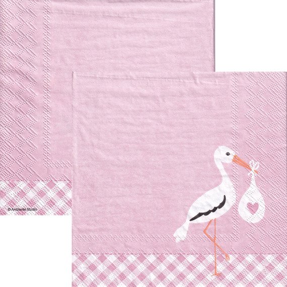 SERVIETTEN 1 Stück Motivservietten Decoupage Napkin 33x33cm - Liebe Storch rosa Storch Geburt