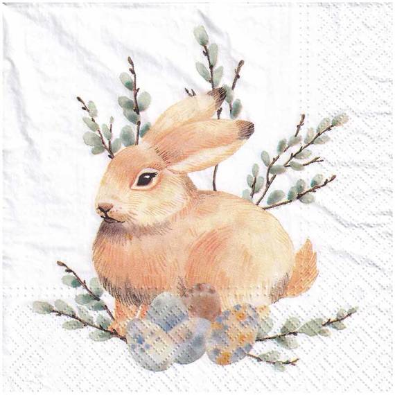 SERVIETTEN 1 Stück Motivservietten Decoupage Napkin 33x33cm, Osterhase mit Kätzchen