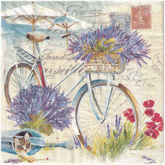SERVIETTEN 1 Stück Motivservietten Decoupage Napkin 33x33cm, Provence Toujour Fahrrad, Lavendel