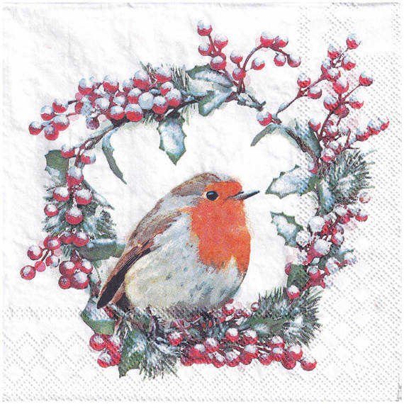 SERVIETTEN 1 Stück Motivservietten Decoupage Napkin 33x33cm, Robin in wreath 