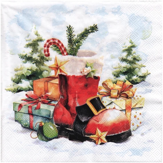 SERVIETTEN 1 Stück Motivservietten Decoupage Napkin 33x33cm, Santa's boot