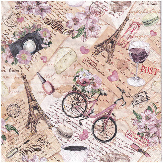 SERVIETTEN 1 Stück Motivservietten Decoupage Napkin 33x33cm,  Voyage a Paris Eiffelturm, Fahrrad