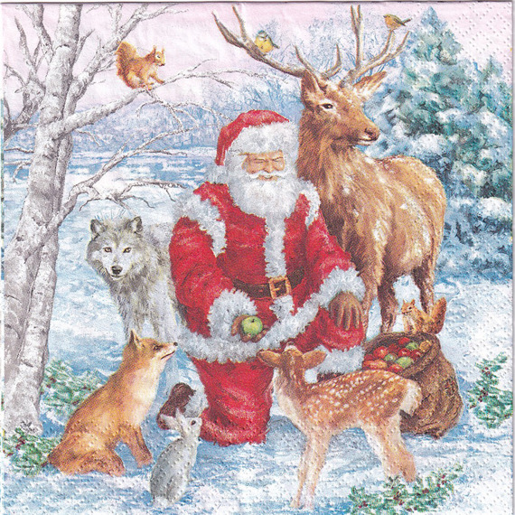 SERVIETTEN 1 Stück Motivservietten Decoupage Napkin 33x33cm - Weihnachtsmann &amp; Tiere Weihnachtsmann