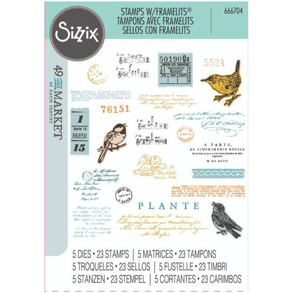 SIZZIX Framelits Stanzform Präge Stanzschablone + Stempelset, Bird Song by 49 and Market 