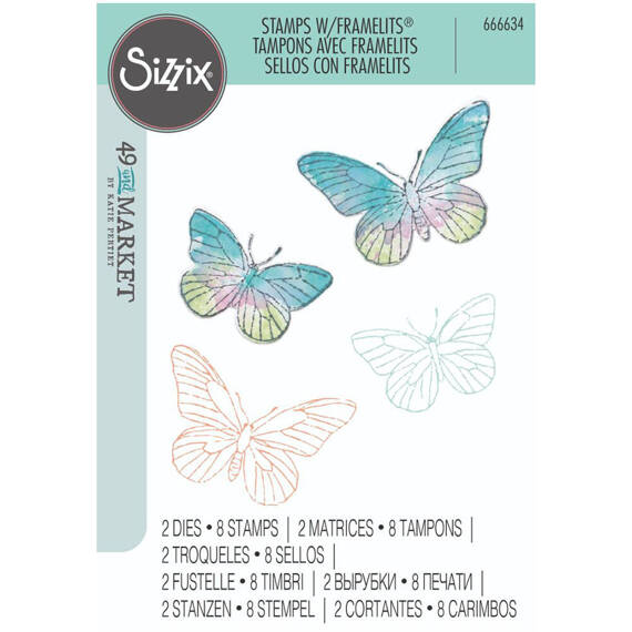 SIZZIX Framelits Stanzform Präge Stanzschablone + Stempelset, Painted Pencil Butterflies by 49 and Market