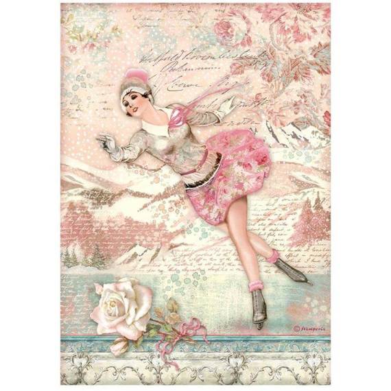 STAMPERIA A4 Reispapier Decoupage Bastelpapier, Sweet Winter auf Schlittschuhen