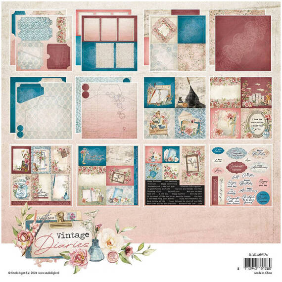 STUDIOLIGHT Set 18Blatt 20x20cm doppelseitig Scrapbooking Papier, Envelopes, cards Vintage Diaries