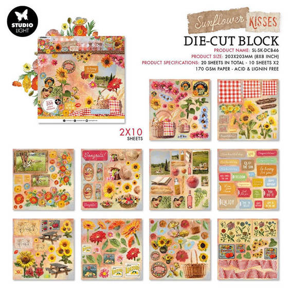 STUDIOLIGHT Set 20Blatt 20x20cm doppelseitig Scrapbooking Papier, Sunflower Kisses