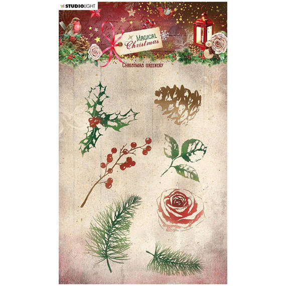 STUDIOLIGHT - Transparenter Stempel - Christmas Greenery, Stechpalme, Rose, Zapfen