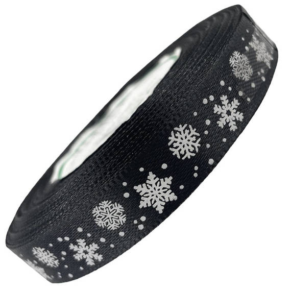 Satinband schwarz mit Schneeflocken 12mm x 23m
