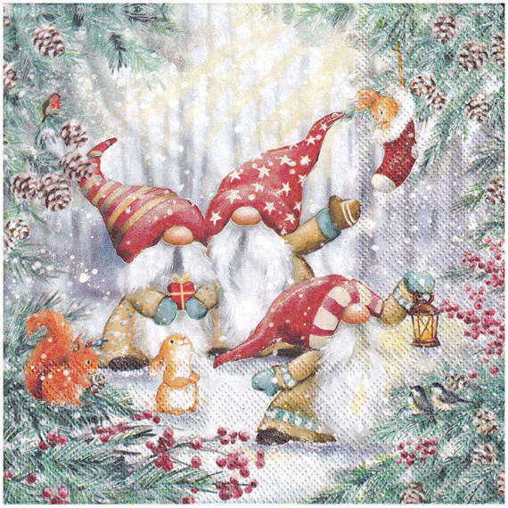 VINTAGE SERVIETTEN 1 Stück Motivservietten Decoupage Napkin 33x33cm, Gnomes Snowy Forest