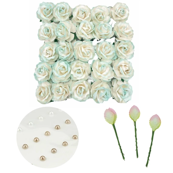 WILDROSEN 30mm 50Stk Scrapbooking Maulbeerpapier Blumen Flower, 2 tone Creme und Blau