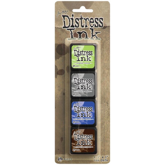 Mini Distress Pad kit 14 - RANGER - Twisted Citron, Hickory Smoke, Blueprint Sketch, Ground Espresso