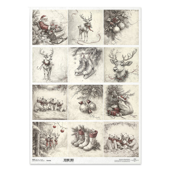 Reispapier für Decoupage A3 - Schlittschuhe, Weihnachtsmann, Rentiere, Stiefel, Eisbären, Weihnachtskugeln, Vintage - R1510L - Itd Collection
