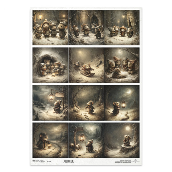 Reispapier für Decoupage A3 - Mäuse, Schnee, Wald, Laternen - R1576L - Itd Collection 