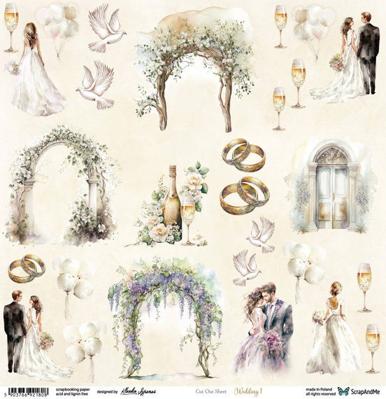 SCRAPandME 30x30cm einseitig Scrapbooking Papier 250g, Wedding 1 