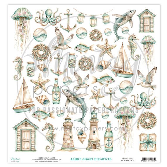 MINTAY 30x30cm doppelseitig Scrapbooking Papier mit Elementen - Azure Coast