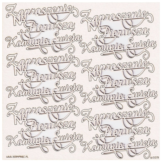 Dekorpappe Die Cut Chipboard - Einladung zur ersten heiligen Kommunion - Aufschrift 6 Stück - Scrapiniec