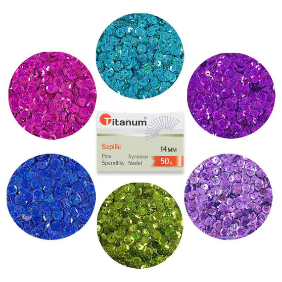 SEQUINS Runde Lose holographisch Pailletten 9mm/15g, 6 Farben + Stecknadeln