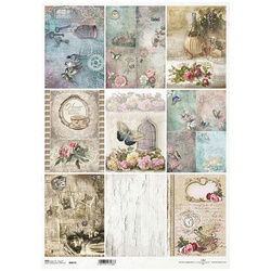 ITD Reispapier Decoupage Bastelpapier, A3 877L Blumen, Tassen, Schmetterlinge, Vogelkäfige