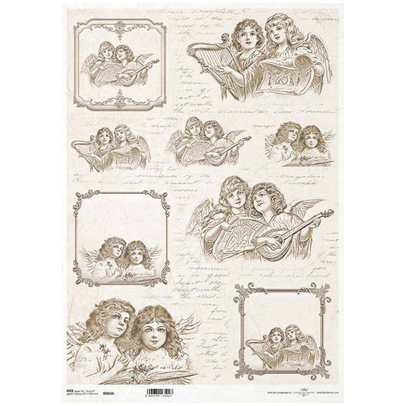 ITD Reispapier Decoupage Bastelpapier A3  Vintage-Engel, dekorative Rahmen, Noten R934L