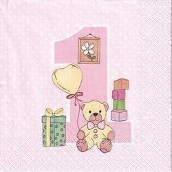 SERVIETTEN 1 Stück Motivservietten Decoupage Napkin 33x33cm -  Erster Geburtstag mit Teddy Pink