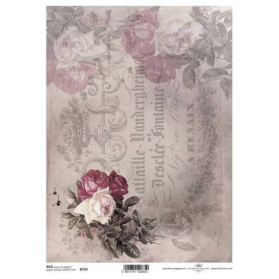 ITD Reispapier Decoupage Bastelpapier, Serviertentechnik, Vintage, Blumen, Schriftzug R0719