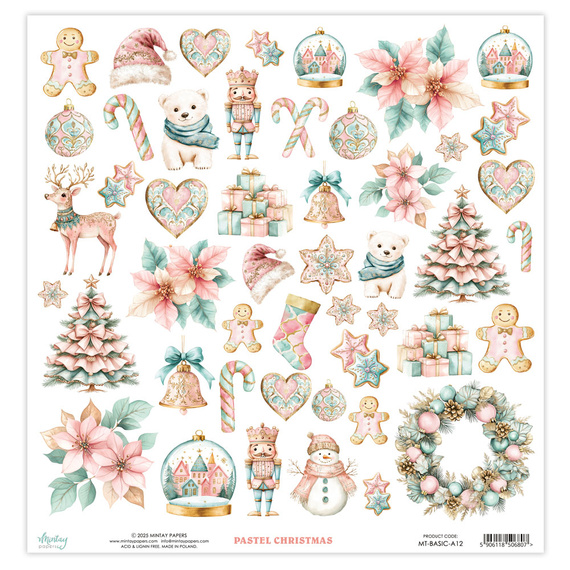 Scrapbooking-Papier mit Elementen 30 x 30 cm - Mintay - Pastel Christmas