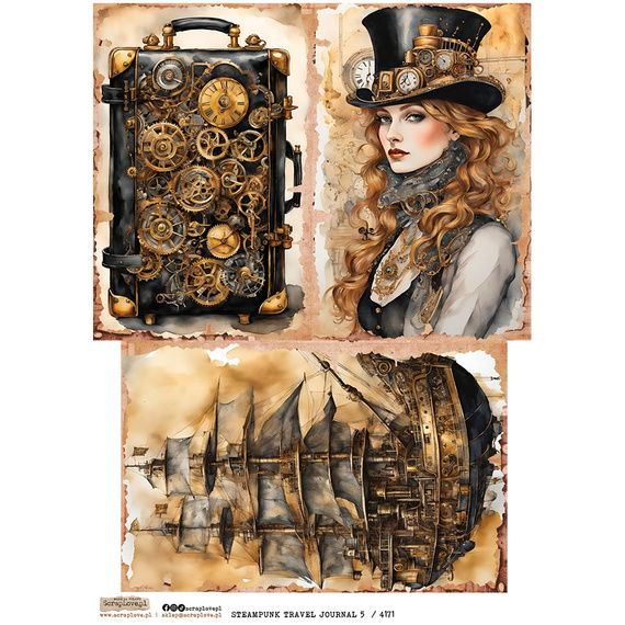 Reispapier Decoupage Bastelpapier A4 - Scraplove - Steampunk Travel Journal 5