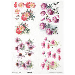 Reispapier für Decoupage A3 ITD-1088L Pfingstrose, Grasmücke, gefiederter Kosmos, Wildrose