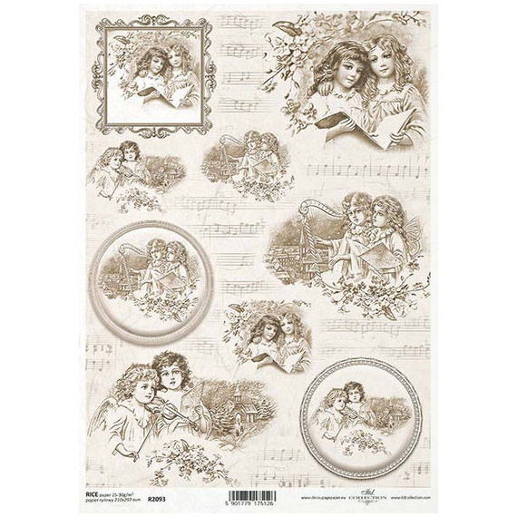ITD Reispapier Decoupage Bastelpapier, Vintage-Engel, dekorative Rahmen, Noten R2093