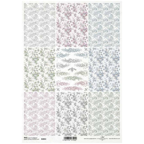 ITD Reispapier Decoupage Bastelpapier R2053, Serie Shabby Chic - vier Farben, Tapetenmotive, Hintergründe, florale Motive