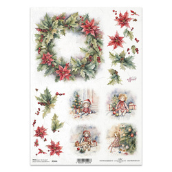 ITD Reispapier Decoupage Bastelpapier Serviettentechnik-R2444 Weihnachtsgirlande mit Puppen unter dem Weihnachtsbaum