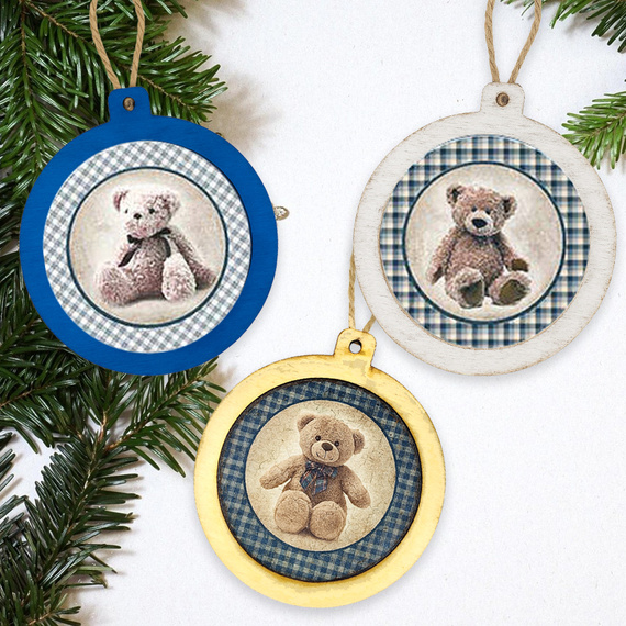 Weihnachts-Decoupage-Set – Kugeln mit Teddys in blauer Karo