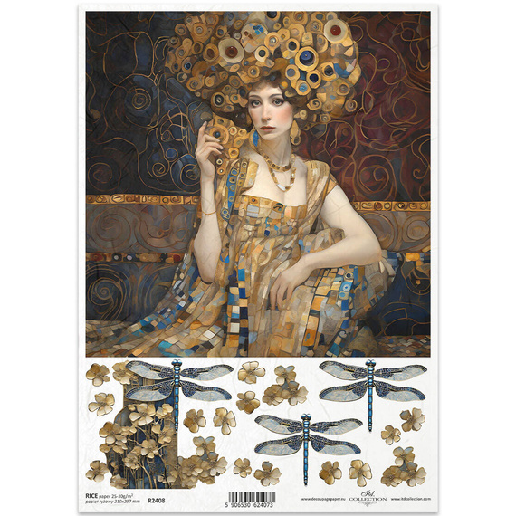 ITD Reispapier Decoupage Bastelpapier Serviettentechnik-R2408 Frau, Libellen, Jugendstilmotive - inspiriert von Klimt