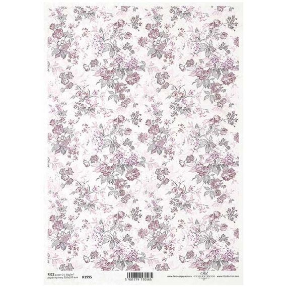 ITD Reispapier Decoupage Bastelpapier, R1995 Tapetenmotiv, Blumen in Rosatönen
