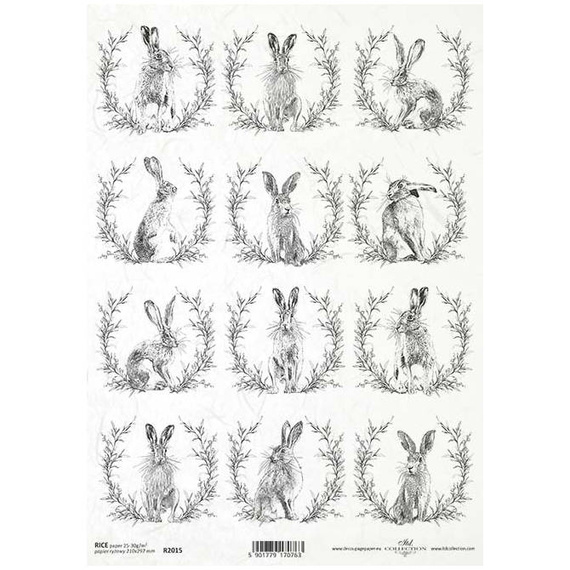 ITD Reispapier Decoupage Bastelpapier, R2015 Hasen, Kränze Schwarz und weiß