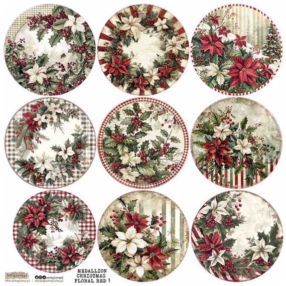 AUFKLEBER papier - ScrapLove - Medallion Christmas Floral Red 1 - Medaillon Weihnachten Floral Rot 1
