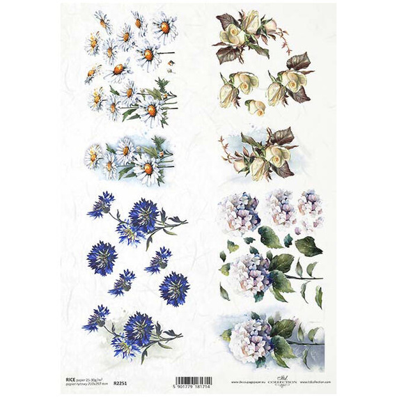 ITD Reispapier Decoupage Bastelpapier Serviettentechnik-R2251 Gänseblümchen, Kornblumen, Hortensien, Rosen