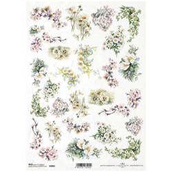 ITD Reispapier Decoupage Bastelpapier R2065 Obstblumen, Maiglöckchen, Kamille, Vergissmeinnicht, Stiefmütterchen