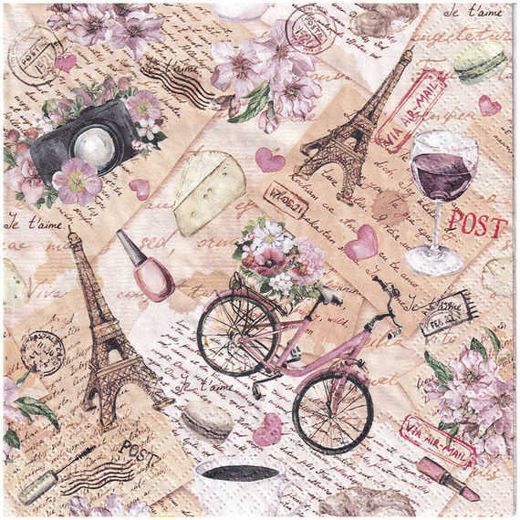 SERVIETTEN 1 Stück Motivservietten Decoupage Napkin 33x33cm,  Voyage a Paris Eiffelturm, Fahrrad