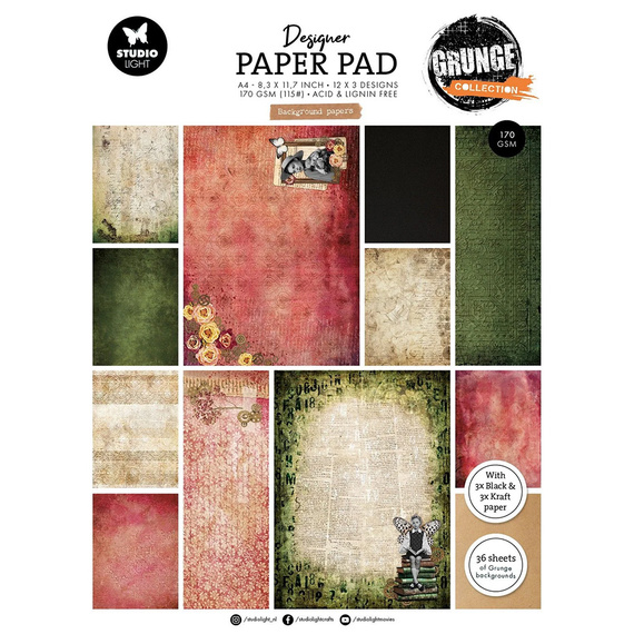 STUDIO LIGHT  A4 Papierset + Elemente Scrapbooking Designer Papier Paper Pad, Grunge Background papers 