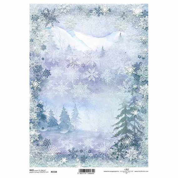ITD Reispapier Decoupage Bastelpapier, Winter, Schneeflocken, Berge, Wald R1518